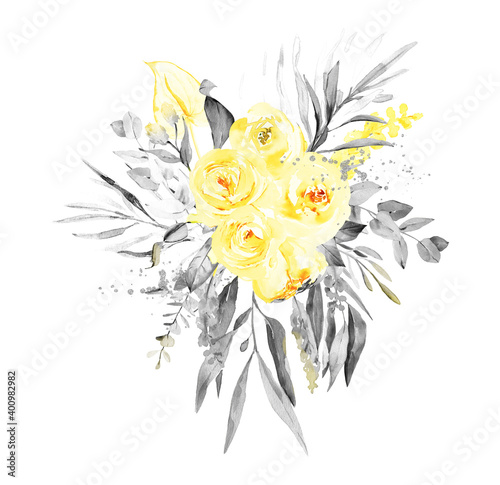 Watercolor gray and yellow floral bouquets. Tropical watercolor flowers arrangements for wedding, valentine day, mothers day. Eelegant monochrome modern flowers photo