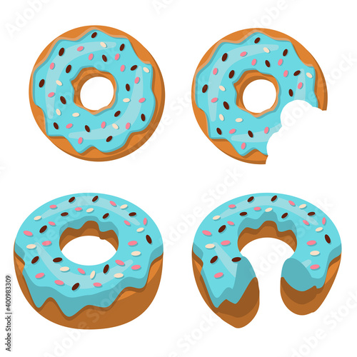 Set of Whole donuts and half-eaten donuts with blue glaze. Tasty doughnuts covered in chocolate cream isolated on a white background. Vector illustration in flat style. the top views and isometric.