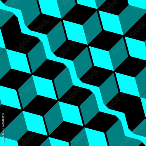 3D Escher style repeating cube pattern in shades of turquoise