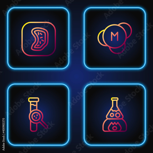 Set line Test tube flask on fire, and, Bacteria and Molecule. Gradient color icons. Vector.