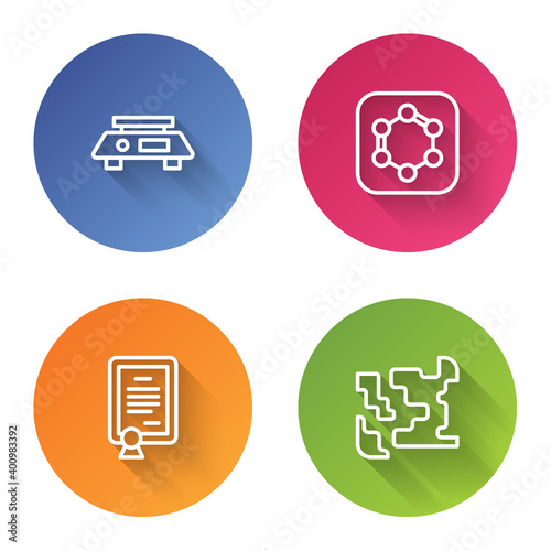 Set line Electronic scales, Formula of benzene rings, Certificate template and Gaseous. Color circle button. Vector.