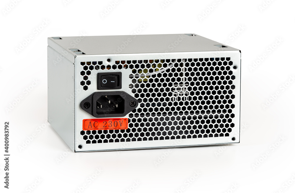 Fototapeta premium New power supply unit with On Off switch, power cord socket and voltage sticker isolated on white background. Personal computer PSU replacement, hardware equipment concept.