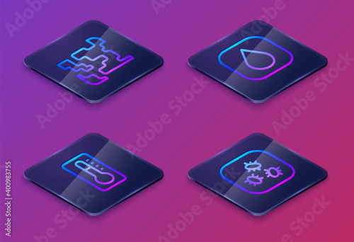 Set Isometric line Gaseous, Medical thermometer, Water drop and Bacteria. Blue square button. Vector.