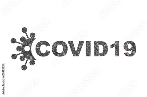 Words covid 19 with virus symbol on white background and texture