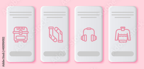 Set line Antique treasure chest, Socks, Headphones and Sweater. White rectangle button. Vector.