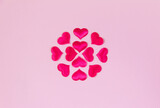 pink background and pink hearts, concept wedding congratulations on Valentine's Day, copy space