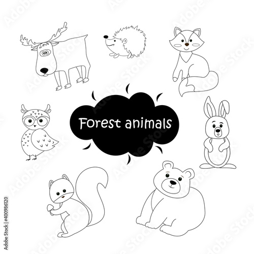 
Black and white set of vector forest animals isolated on white background, illustration for coloring pages in cute cartoon style