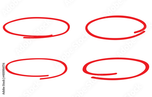 Red circle, pen draw set. Highlight hand drawn circle isolated on background. Handwritten red circle. For marker pen, pencil, logo and text check. Circle vector illustration photo
