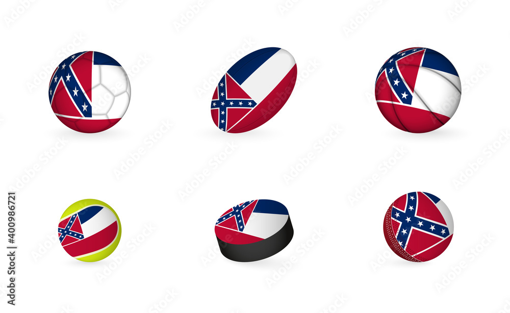Sports equipment with flag of Mississippi. Sports icon set. Sports equipment with flag of Mississippi. Sports icon set.