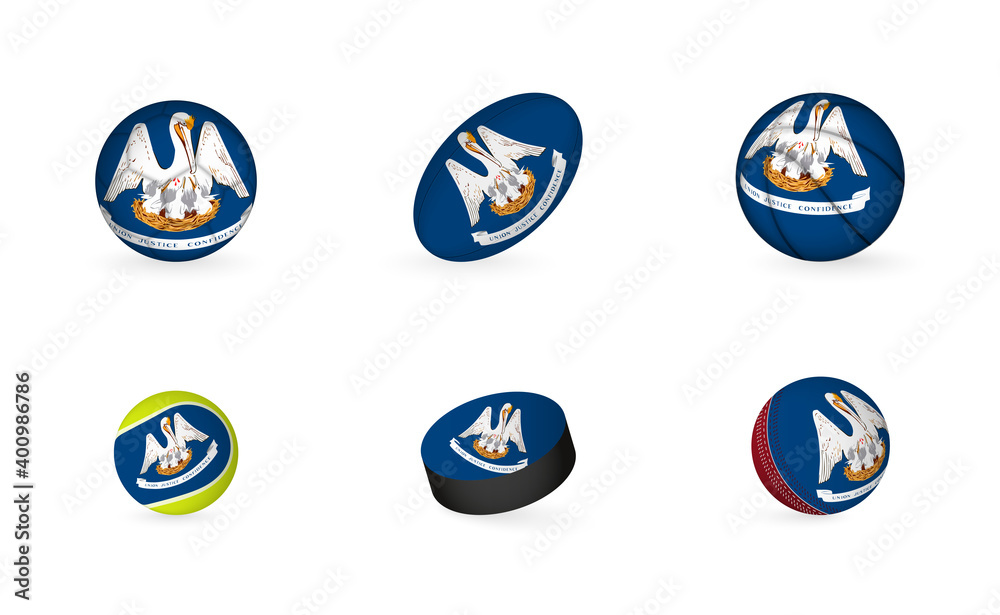 Sports equipment with flag of Louisiana. Sports icon set. Sports equipment with flag of Louisiana. Sports icon set.