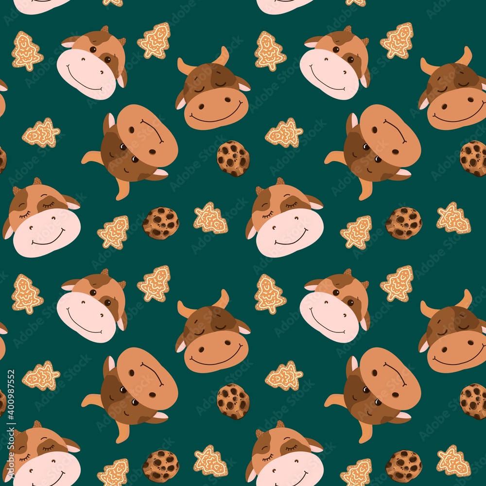 Very cute pattern with cows and sweets. Cute pattern with bull and cookies Very cute pattern with cows and sweets. Cute pattern with bull and cookies