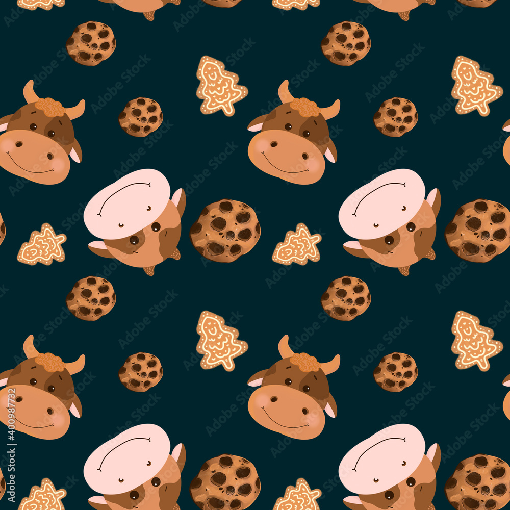 Obraz premium Very cute pattern with cows and sweets. Cute pattern with bull and cookies