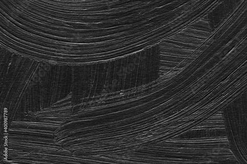 Modern contemporary acrylic background. Black and white paint texture made with a brush. Abstract painting on paper. Mess on the canvas. Clay paint.