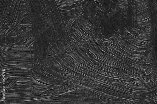 Modern contemporary acrylic background. Black and white paint texture made with a brush. Abstract painting on paper. Mess on the canvas. Clay paint.
