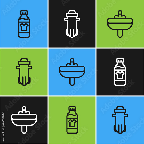 Set line Bottle for cleaning agent, Washbasin and Water filter icon. Vector.