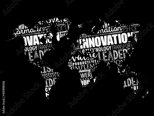 Innovation word cloud in shape of world map, business concept background