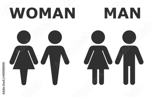 Toilet icon. Toilet sign. Male and female bathroom sign. Black abstract symbols of man and woman in flat style isolated on white background.