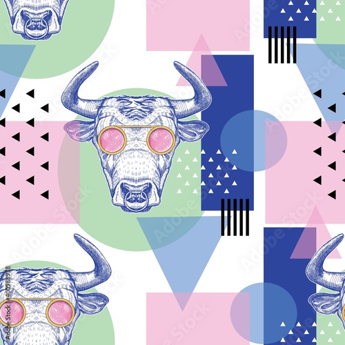 Seamless pattern with bulls and geometric shapes. Pop Art.