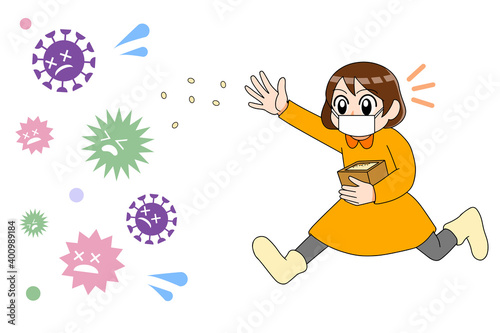 豆まき　マスク女の子　ウイルス撃退　イラスト