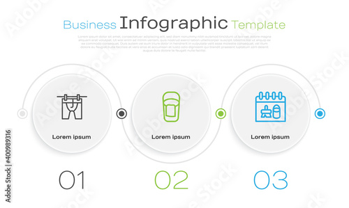 Set line Drying clothes, Bucket with rag and Cleaning calendar. Business infographic template. Vector.