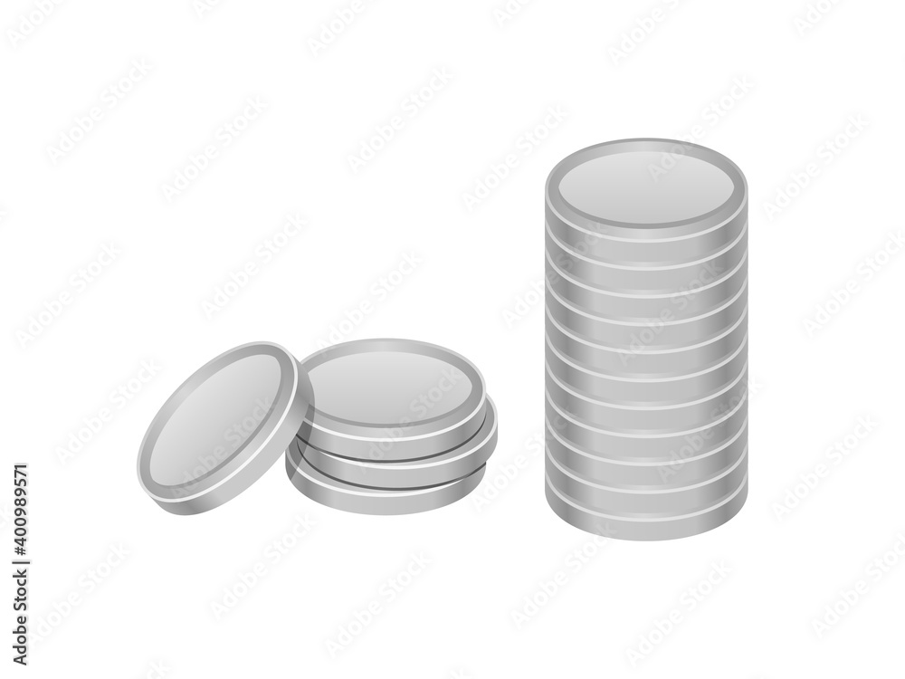 Obraz premium Silver coins stack. Two piles of realistic metal currency. Banking, economy, wealth concept. Investment. Silver reserves. Silver price. Isolated on white background. Vector illustration, flat, clip ar