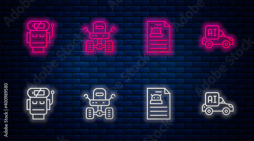 Set line Mars rover, Technical specification, Robot low battery charge and Autonomous smart car. Glowing neon icon on brick wall. Vector.