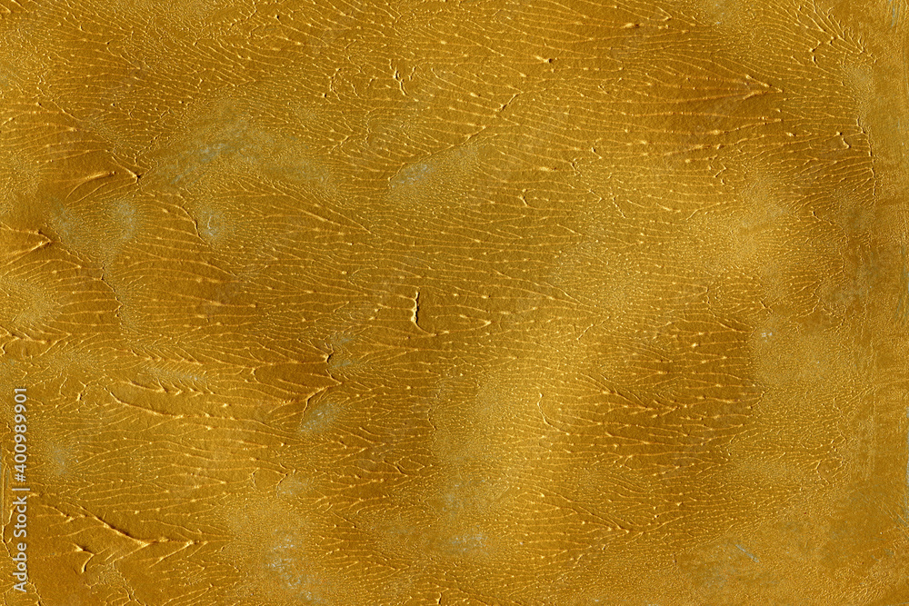 Modern contemporary acrylic background. Gold paint texture made with a brush. Luxury abstract painting on paper. Mess on the canvas.