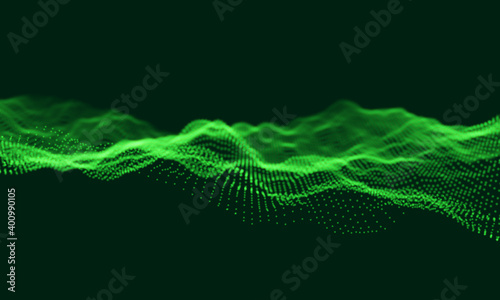 Green particles wave background. Abstract dynamic mesh. Big data technology. Vector grid illustration.