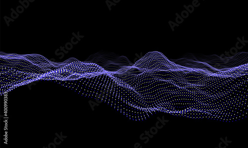 Blue particles wave background. Abstract dynamic mesh. Big data technology. Vector grid illustration.