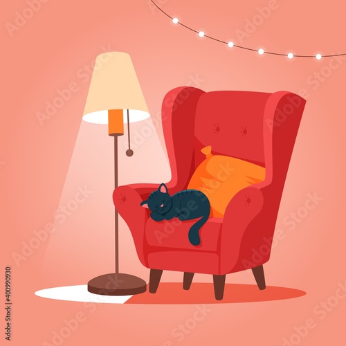 Cozy armchair with cat sleeping. Cute vector illustration