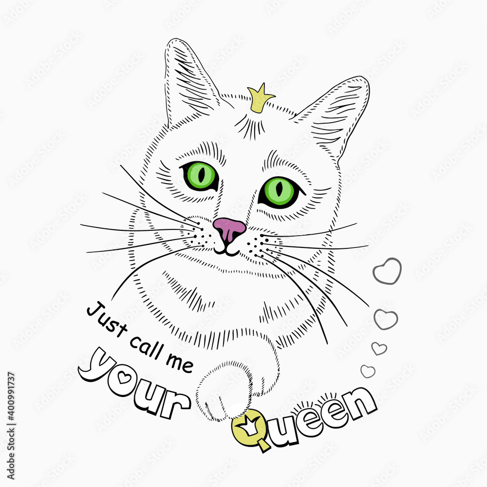 Obraz premium valentine, in love, drawn funny cat with green eyes, inscription: Only those who look at you with tenderness have beautiful eyes.