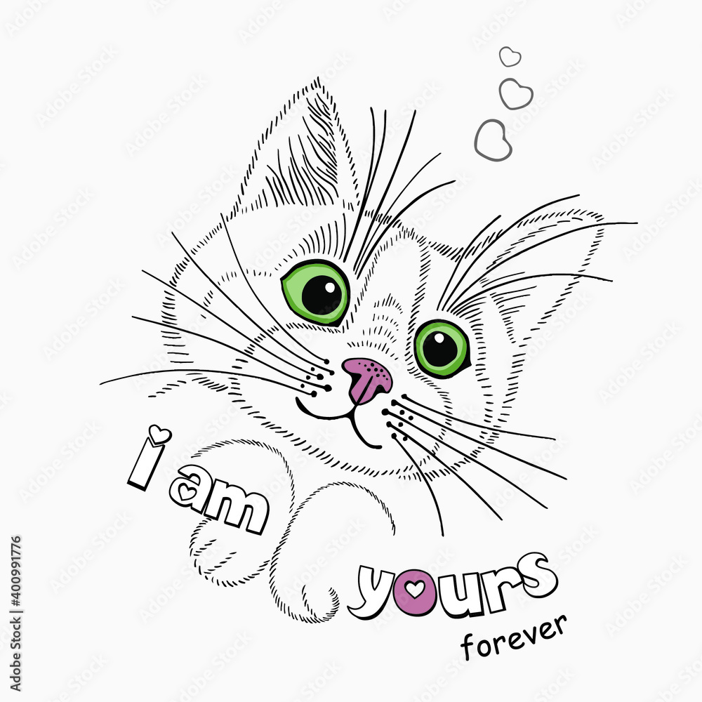 valentine, in love, drawn funny cat with green eyes, inscription: Only those who look at you with tenderness have beautiful eyes. valentine, in love, drawn funny cat with green eyes, inscription: Only those who look at you with tenderness have beautiful eyes.