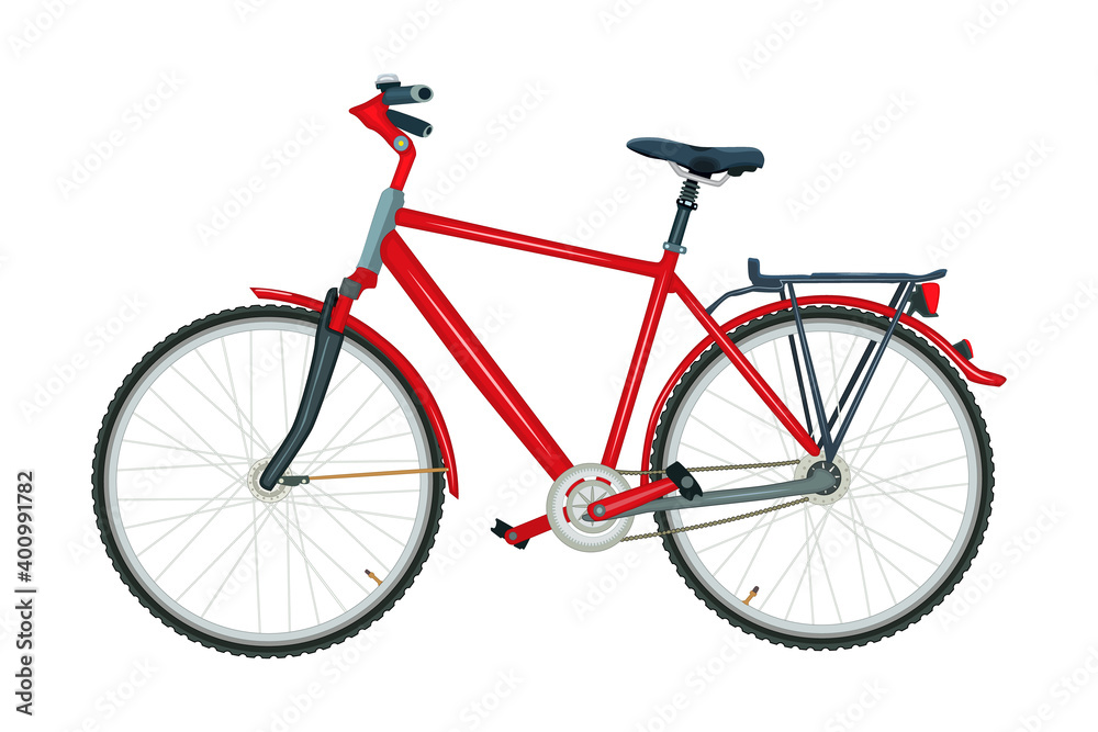 Bicycle isolated on white background. Modern red city or mountain bike. Delivery bike with pedals side view. Ecological sport transport, green road vehicle. Bicycle poster. Stock vector illustration