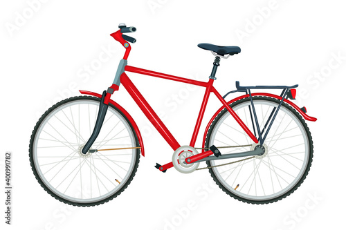 Bicycle isolated on white background. Modern red city or mountain bike. Delivery bike with pedals side view. Ecological sport transport, green road vehicle. Bicycle poster. Stock vector illustration