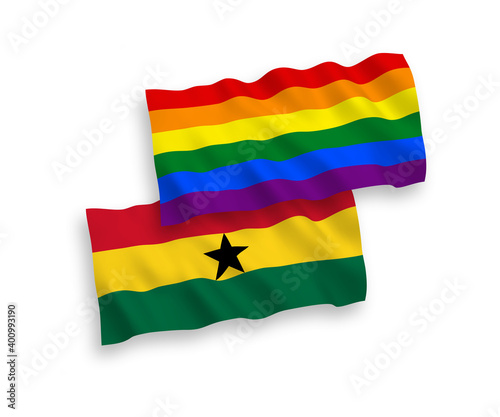 National vector fabric wave flags of Rainbow gay pride and Ghana isolated on white background. 1 to 2 proportion.