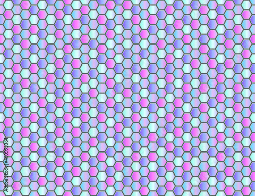 Seamless vector pattern of gradient purple honeycomb mosaic. Purple hexagon tiles background. Print for wrapping, web backgrounds, fabric, decor, surface, packaging, scrapbooking, etc. 