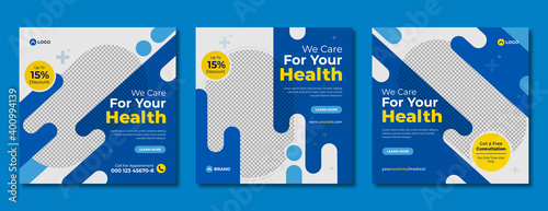 Set of social media post template for medical healthcare service. Digital marketing banner & flyer design with logo for hospital, clinic, dentist & doctor. Health promotion template for web & website.