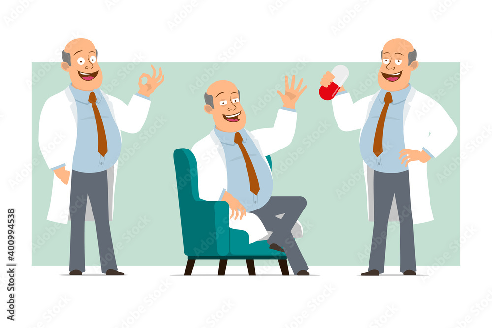 Fototapeta premium Cartoon flat funny fat bald doctor man character in white uniform with tie. Boy holding big pill and resting on sofa. Ready for animation. Isolated on green background. Vector set.