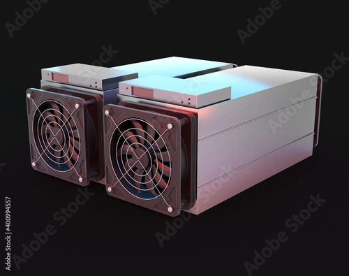 Cryptocurrency mining farm. Bitcoin and altcoins mining. Asic miner. 3D rendering
