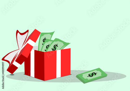 Money in a gift box red with a white ribbon concept for the bonus money, earn cashback greeting card and birthday on a soft green background, vector illustration