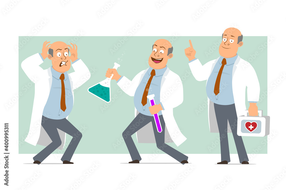 Cartoon flat funny fat bald doctor man character in white uniform with tie. Boy scared and holding chemical flasks with liquid. Ready for animation. Isolated on green background. Vector set. Cartoon flat funny fat bald doctor man character in white uniform with tie. Boy scared and holding chemical flasks with liquid. Ready for animation. Isolated on green background. Vector set.