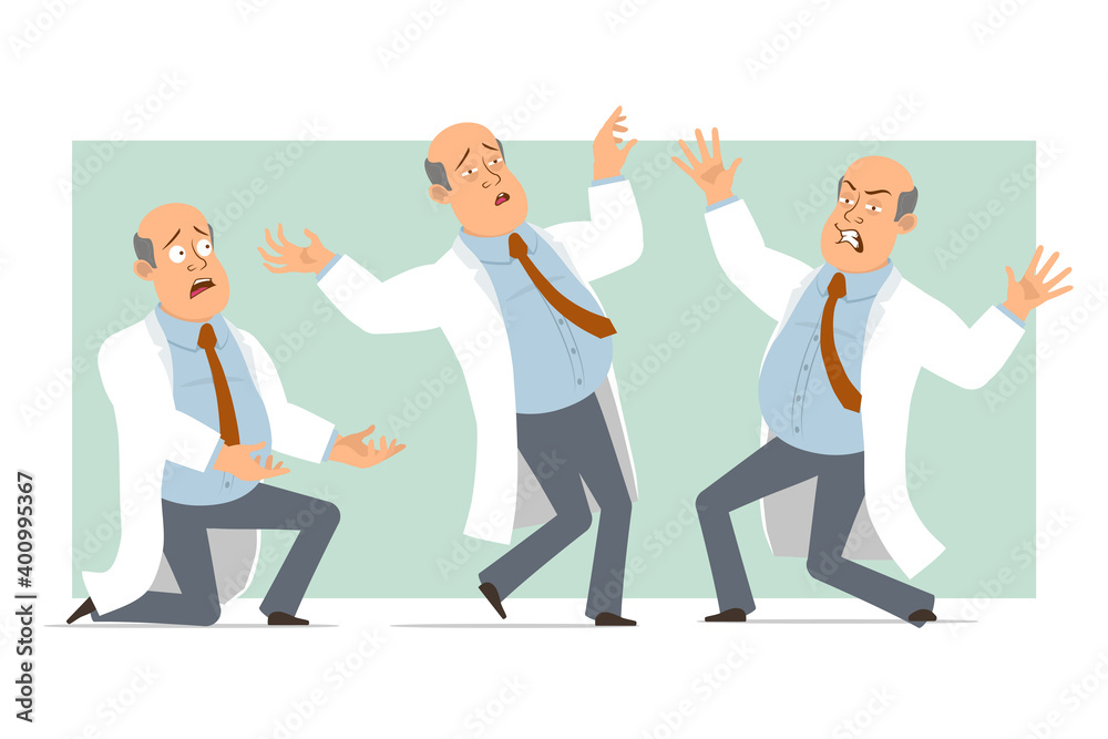 Cartoon flat funny fat bald doctor man character in white uniform with tie. Boy fighting, falling back and standing on knee. Ready for animation. Isolated on green background. Vector set. Cartoon flat funny fat bald doctor man character in white uniform with tie. Boy fighting, falling back and standing on knee. Ready for animation. Isolated on green background. Vector set.