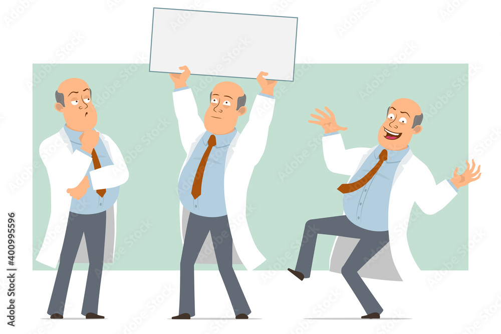 Cartoon flat funny fat bald doctor man character in white uniform with tie. Boy jumping and holding empty sign for text. Ready for animation. Isolated on green background. Vector set. Cartoon flat funny fat bald doctor man character in white uniform with tie. Boy jumping and holding empty sign for text. Ready for animation. Isolated on green background. Vector set.