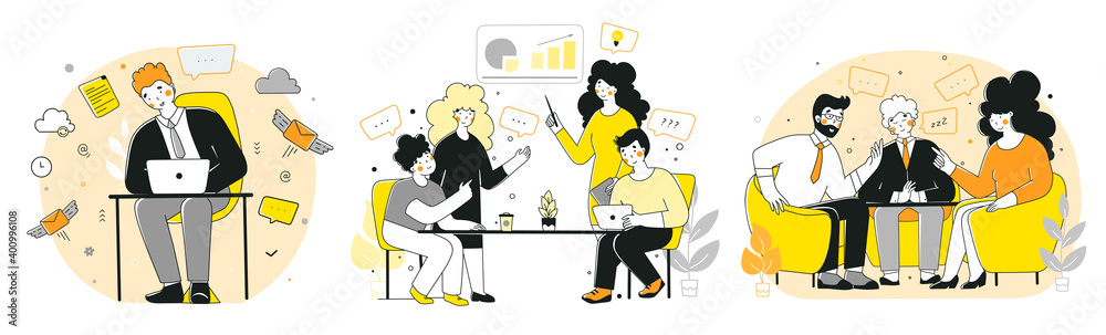 Modern cartoon character office workers set. Flat cartoon people discussion Modern cartoon character office workers set. Flat cartoon people discussion