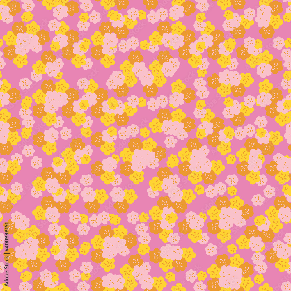 Pink and yellow springtime flowers seamless vector pattern. Girly surface print design for fabrics, stationery, scrapbook paper, gift wrap, backgrounds, textiles, and packaging.