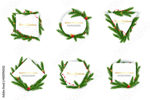 Set of Christmas frames of different shapes on a white background Christmas tree and geometric pattern. Christmas design. Vector illustration