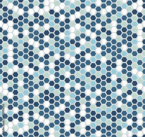 Seamless vector pattern of blue random honeycomb mosaic. Geometric design. Blue hexagon tiles background. Print for web backgrounds, wrapping, decor,etc. Follow other mosaic patterns in my collection.
