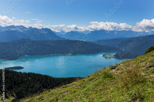 Panorama mountain view from Jochberg to lake Walchensee © BirgitKorber