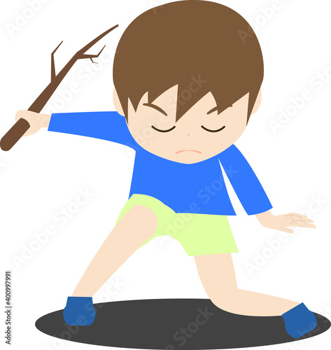 木の枝を持ってカッコつける可愛い男の子供のイラスト