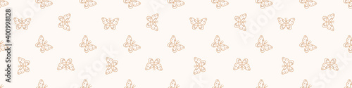 Seamless background butterfly insect gender neutral baby border pattern. Simple whimsical minimal earthy 2 tone color. Kids nursery wildlife rhopalocera edging fashion trim. 